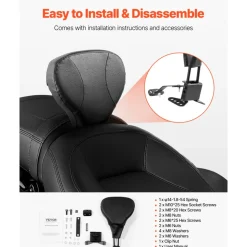 Adjustable Motorcycle Backrest Sissy Bar, Fit Harley Touring Models 2009-2024 with One-piece Slotted Seat, Street Glide, Road Glide, and Road King, Detachable Rider Backrest for Motorcycles, Black