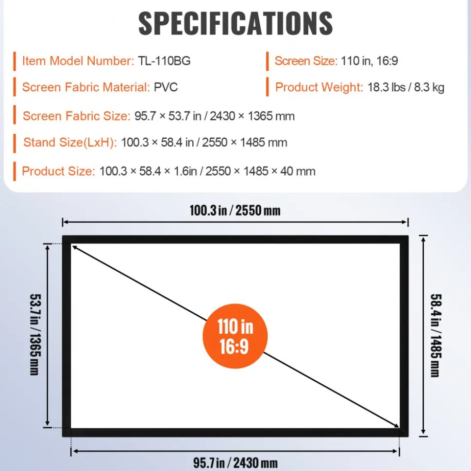 Big 110" Diagonal 16:9 HD Projector Screen Home Theater Outdoor Use