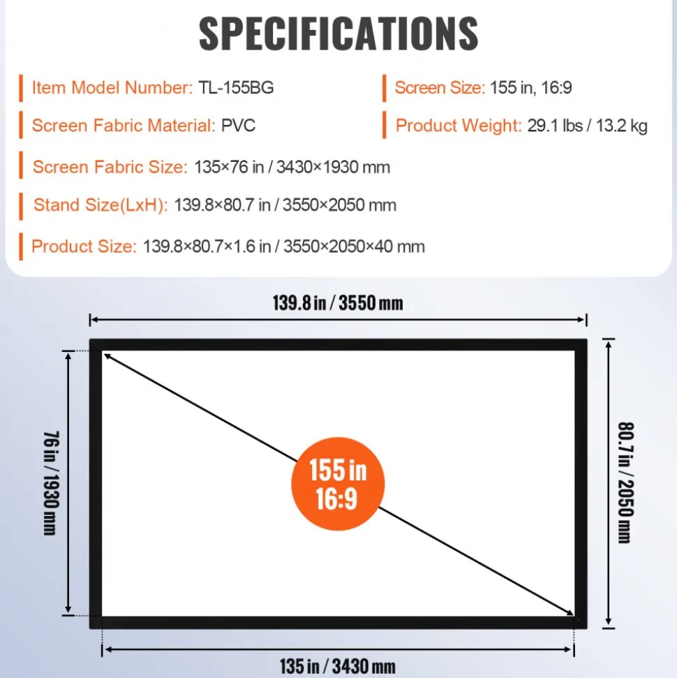 Big 155" Diagonal 16:9 HD Projector Screen Home Theater Outdoor Use