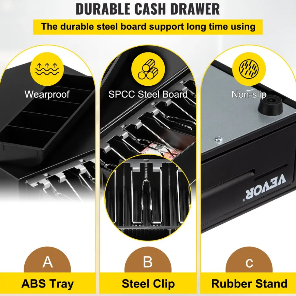 Cash Register Drawer, 13" 12 V, for POS System with 4 Bill 5 Coin Cash Tray, Removable Coin Compartment & 2 Keys Included, RJ11/RJ12 Cable for Supermarket, Bar, Coffee Shop, Restaurant