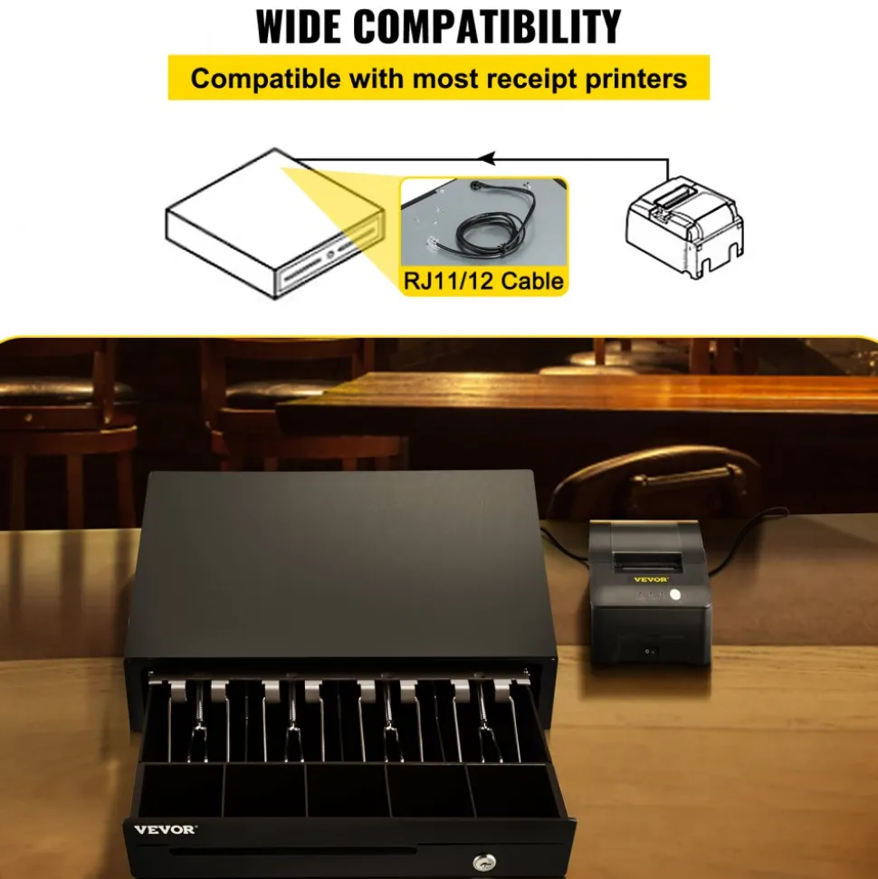 Cash Register Drawer, 13" 12 V, for POS System with 4 Bill 5 Coin Cash Tray, Removable Coin Compartment & 2 Keys Included, RJ11/RJ12 Cable for Supermarket, Bar, Coffee Shop, Restaurant