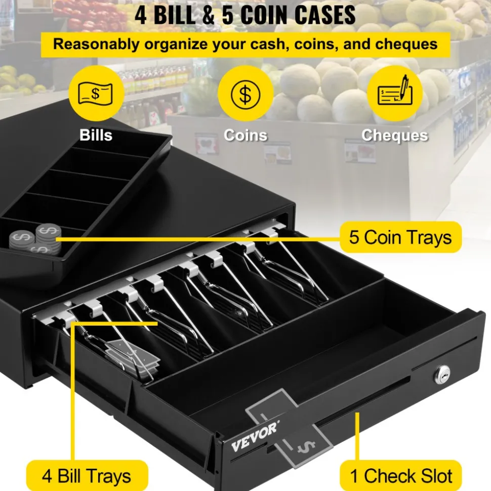 Cash Register Drawer, 13" 12 V, for POS System with 4 Bill 5 Coin Cash Tray, Removable Coin Compartment & 2 Keys Included, RJ11/RJ12 Cable for Supermarket, Bar, Coffee Shop, Restaurant