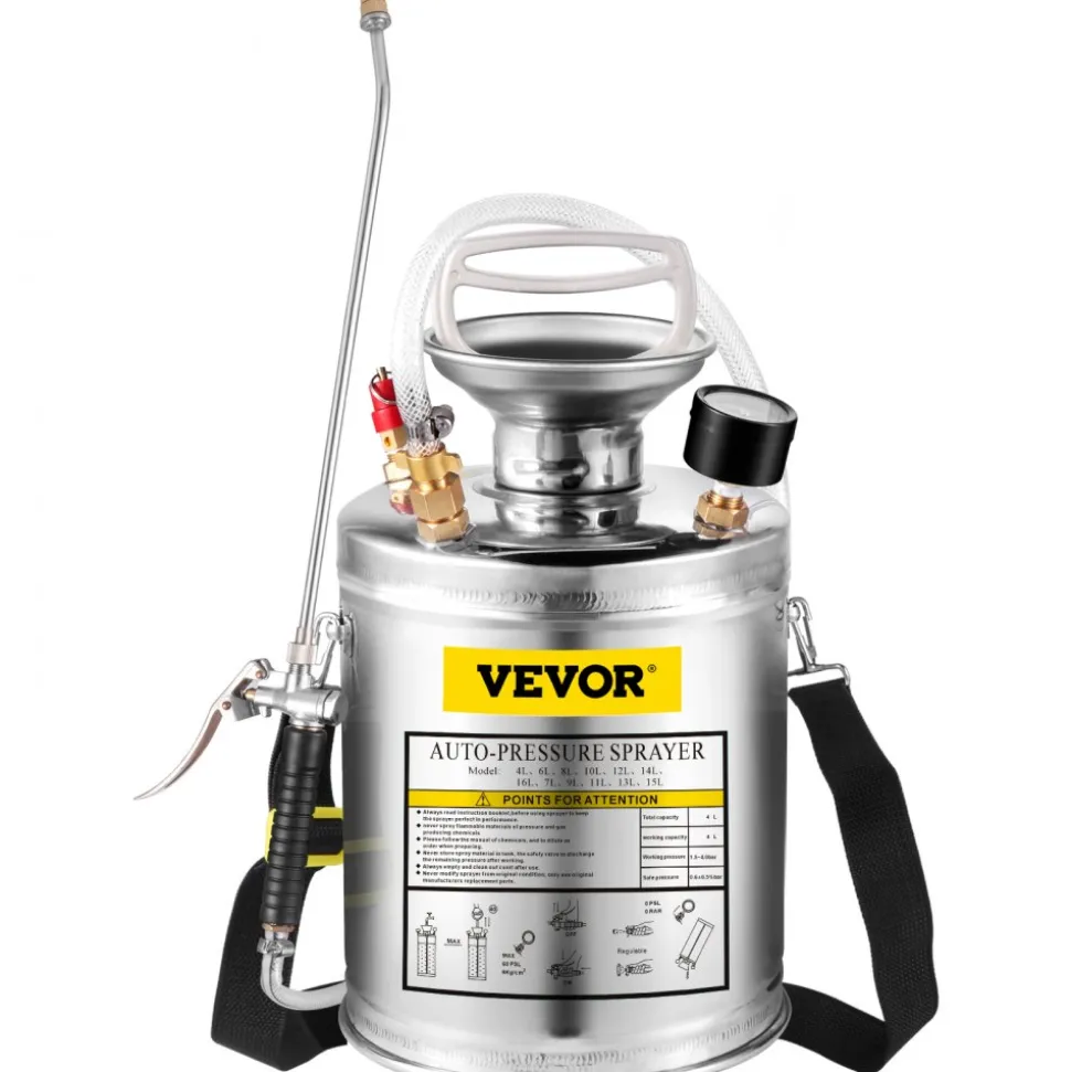 1 Gallon Stainless Steel Sprayer, 12" Wand & 3FT Reinforced Hose, Hand Pump Sprayer with Pressure Gauge, Safety Valve & Adjustable Nozzle, Garden Weed Sprayer for Lawn, Gardening, Sanitizing