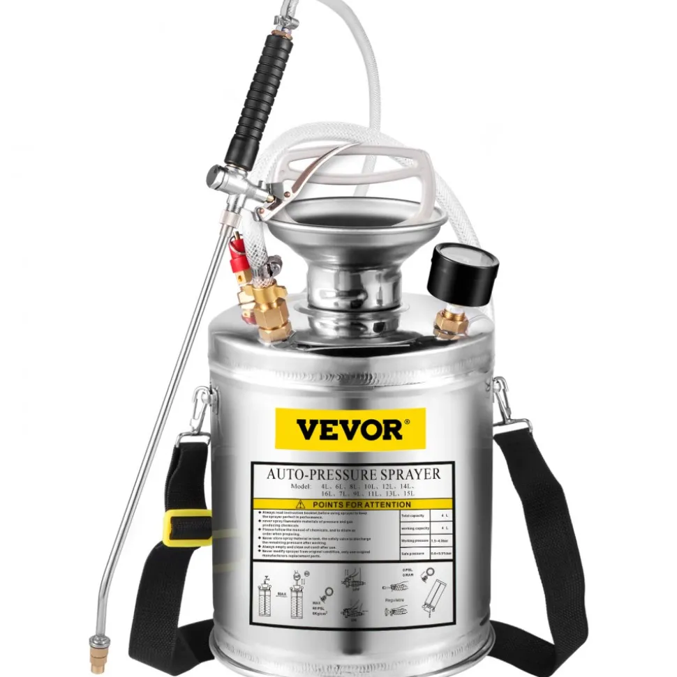 1 Gallon Stainless Steel Sprayer, 12" Wand & 3FT Reinforced Hose, Hand Pump Sprayer with Pressure Gauge, Safety Valve & Adjustable Nozzle, Garden Weed Sprayer for Lawn, Gardening, Sanitizing