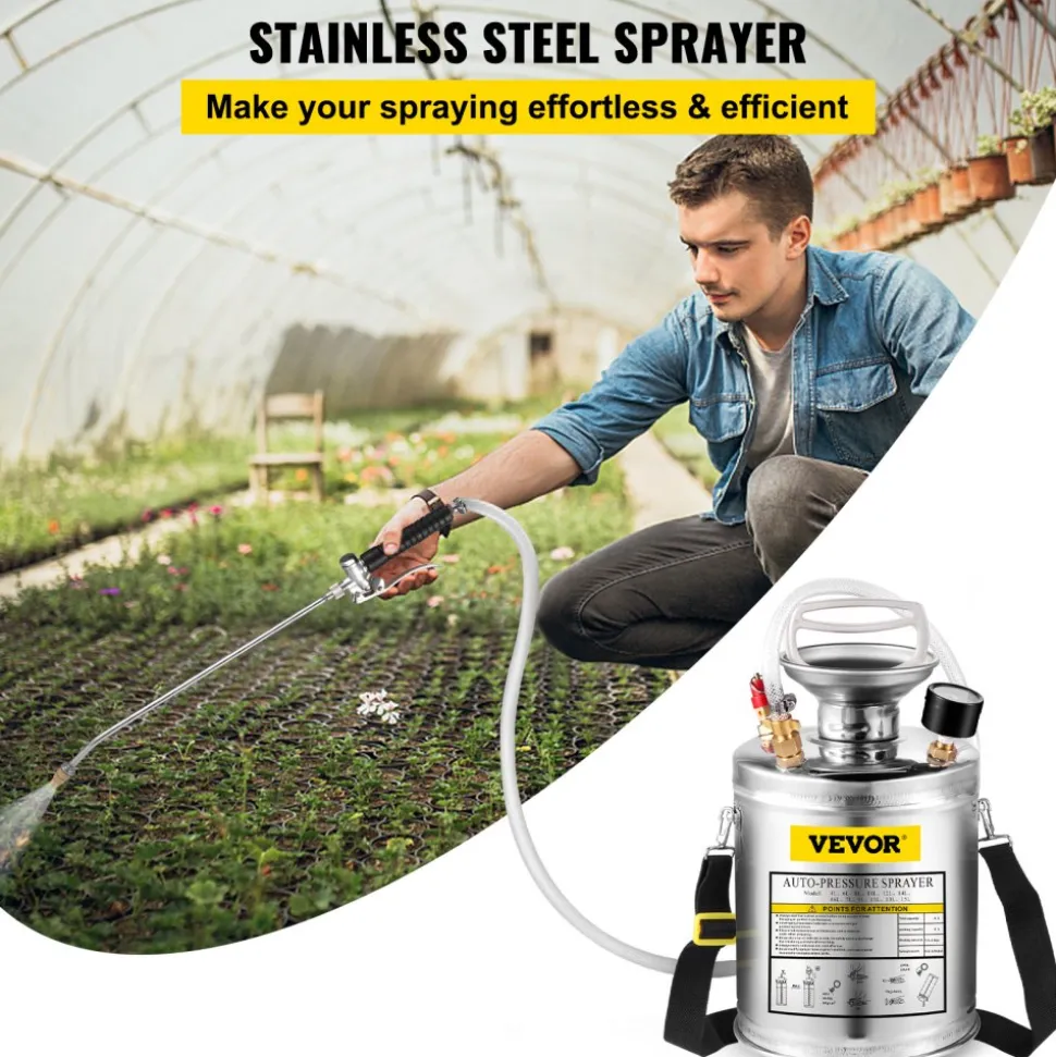 1 Gallon Stainless Steel Sprayer, 12" Wand & 3FT Reinforced Hose, Hand Pump Sprayer with Pressure Gauge, Safety Valve & Adjustable Nozzle, Garden Weed Sprayer for Lawn, Gardening, Sanitizing