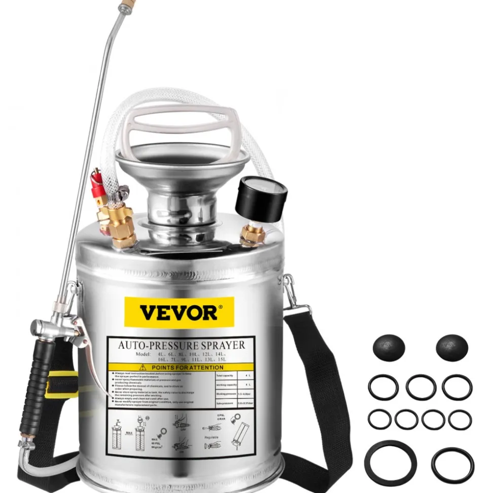 1 Gallon Stainless Steel Sprayer, 12" Wand & 3FT Reinforced Hose, Hand Pump Sprayer with Pressure Gauge, Safety Valve & Adjustable Nozzle, Garden Weed Sprayer for Lawn, Gardening, Sanitizing