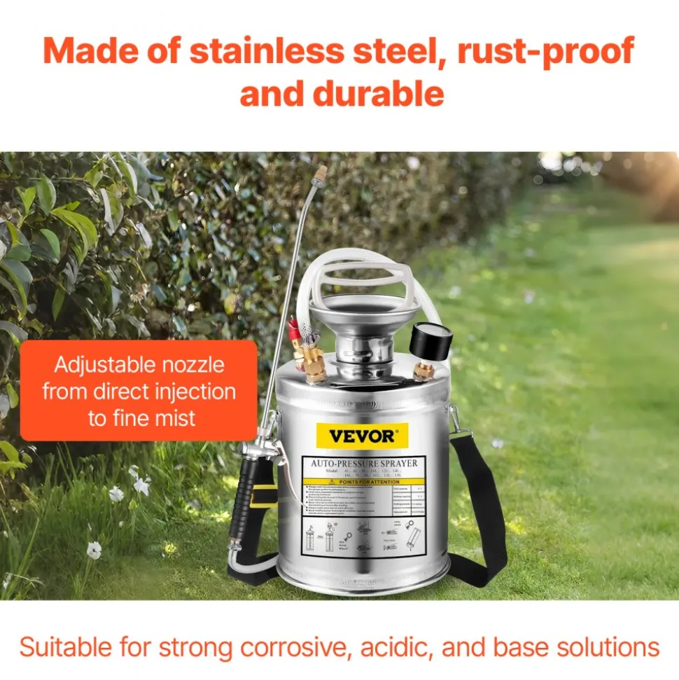 1 Gallon Stainless Steel Sprayer, 12" Wand & 3FT Reinforced Hose, Hand Pump Sprayer with Pressure Gauge, Safety Valve & Adjustable Nozzle, Garden Weed Sprayer for Lawn, Gardening, Sanitizing