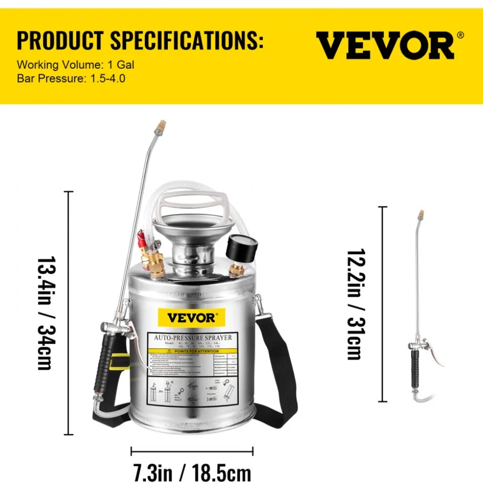 1 Gallon Stainless Steel Sprayer, 12" Wand & 3FT Reinforced Hose, Hand Pump Sprayer with Pressure Gauge, Safety Valve & Adjustable Nozzle, Garden Weed Sprayer for Lawn, Gardening, Sanitizing