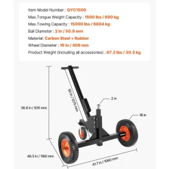 Heavy-Duty Trailer Dolly, 1500lbs Tongue Weight Capacity, 2 in 1 Trailer Mover with 2 in Ball, 16 in Pneumatic Tires and Universal Wheel, Portable Tow Dolly for Moving Car RV Trailer