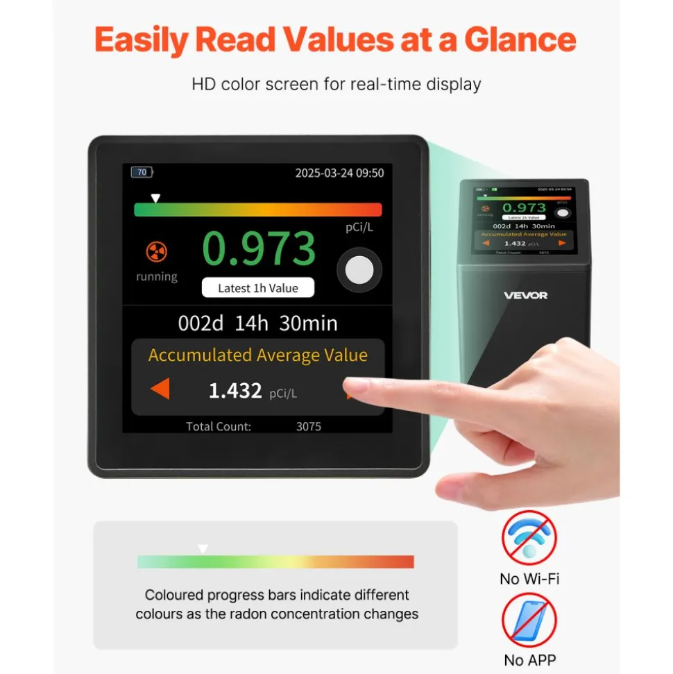 Home Radon Meter Detector 2Bq to 20kBq/m³ Rechargeable Color LCD Display