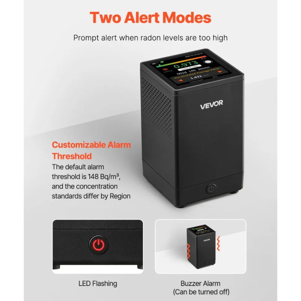Home Radon Meter Detector 2Bq to 20kBq/m³ Rechargeable Color LCD Display