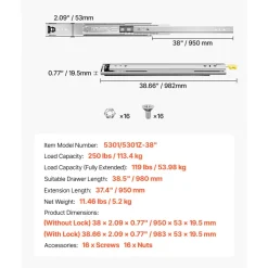 KFFKFF Set of 2 Drawer Rails, Full Extension, Available in Various Sizes from 16 to 60 inches, 250 lbs Weight Limit, Locking Mechanism, Ball Bearing Side Mount Drawer Slide Rail