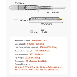 KFFKFF Set of Two Drawer Rails, Sizes Ranging from 16 to 60 inches, 500 lbs Weight Tolerance, Locking Mechanism Included, Ball Bearing Side Mount Drawer Slide Rail