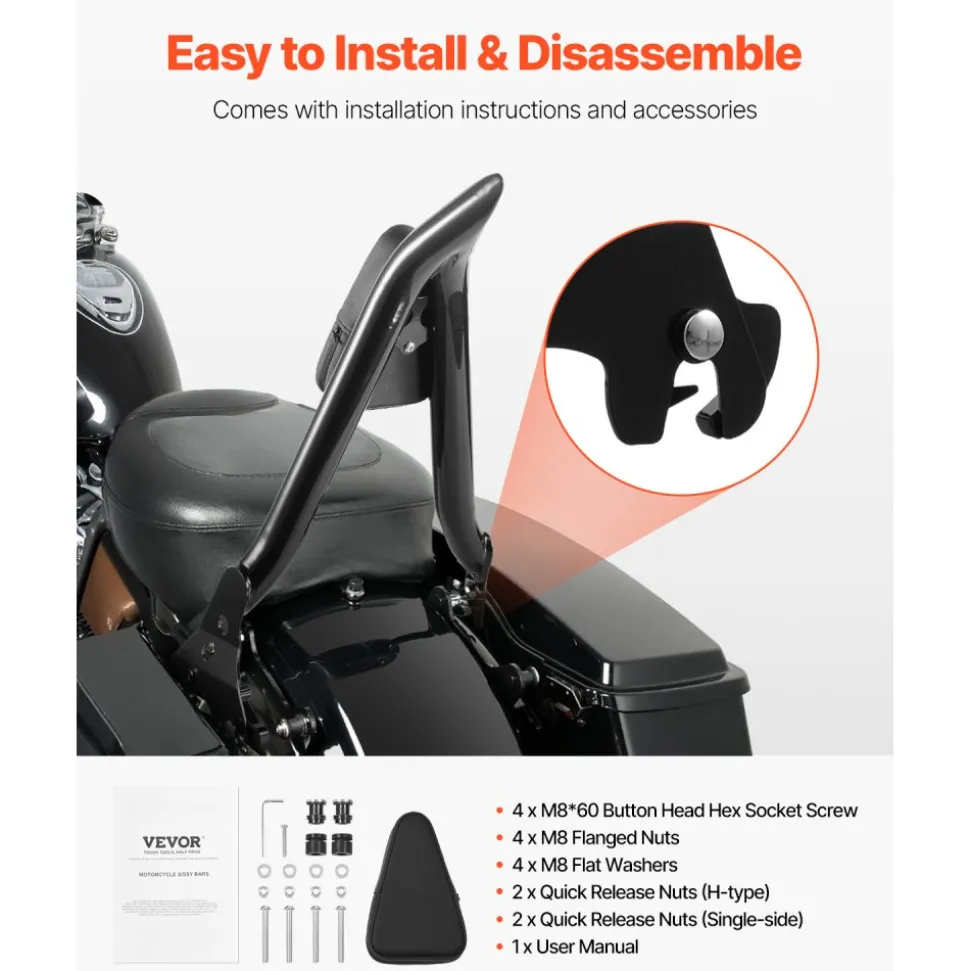 Motorcycle Backrest Sissy Bar, Compatible with Harley-Davidson Touring Models, 27-Inch Height Quick Release Detachable Passenger Backrest, Durable Metal Frame with Leather Rear Pad, Black