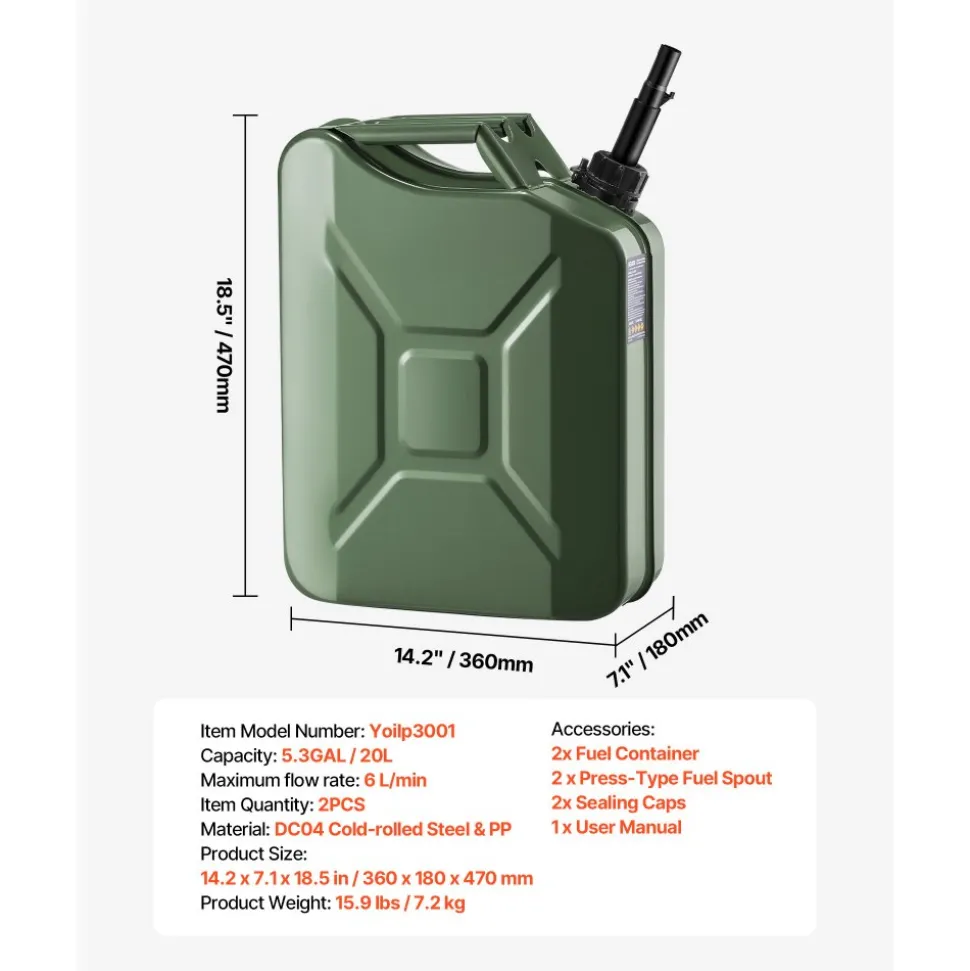 Newly Upgraded Oil-Tight!VEVOR Metal Fuel Container, 5.3 Gallon, Fuel Jerry Can with Spout and Comfort Handle, 6 L/min Max Flow Rate, Leakproof & Corrosion-resistant Metal Gas Tank Most Cars Motorcycle ATV UTV, Green, 2 Packs