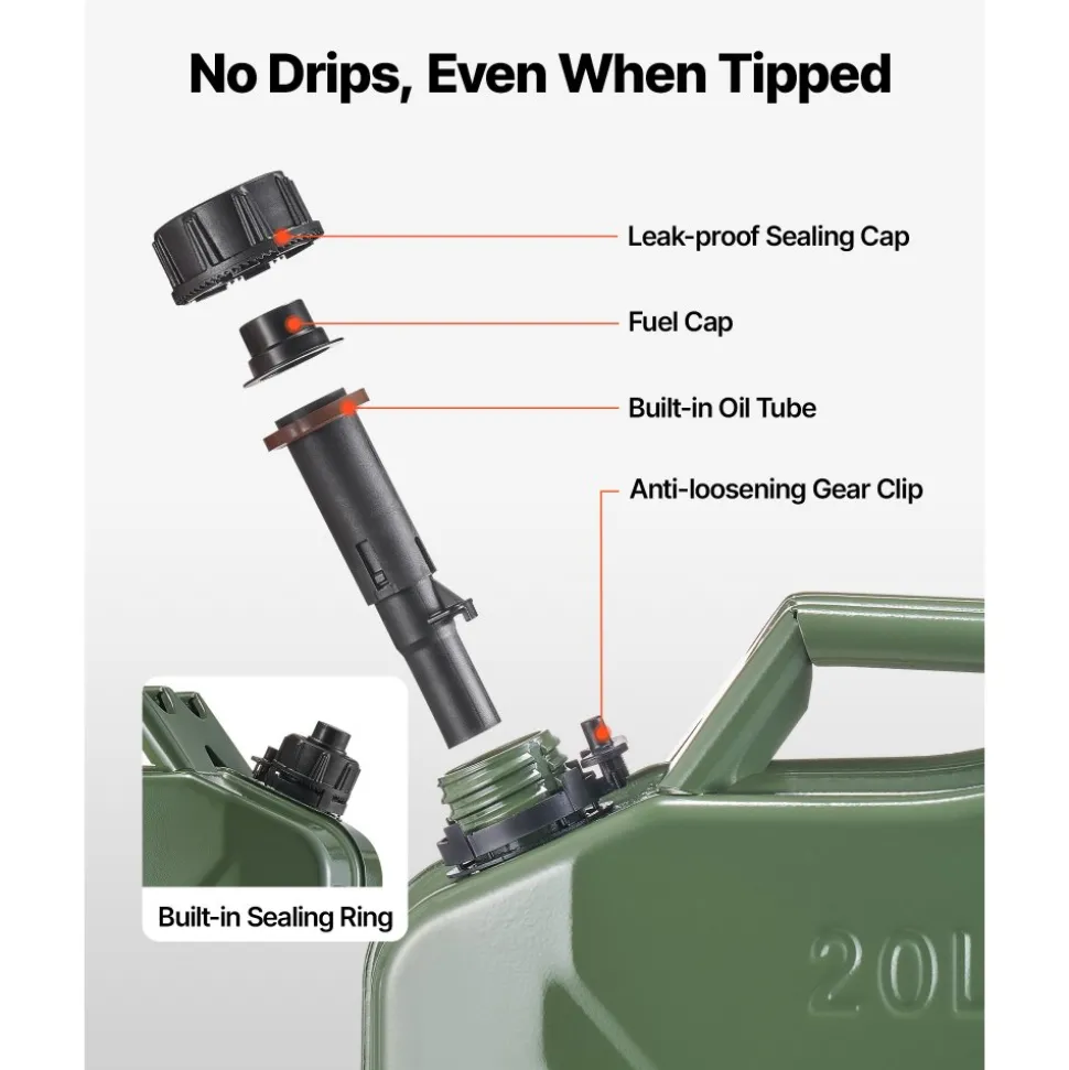 Newly Upgraded Oil-Tight!VEVOR Metal Fuel Container, 5.3 Gallon, Fuel Jerry Can with Spout and Comfort Handle, 6 L/min Max Flow Rate, Leakproof & Corrosion-resistant Metal Gas Tank Most Cars Motorcycle ATV UTV, Green, 2 Packs