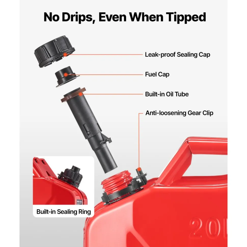 Newly Upgraded Oil-Tight!VEVOR Metal Fuel Container, 5.3 Gallon, Fuel Jerry Can with Spout and Comfort Handle, 6 L/min Max Flow Rate, Leakproof & Corrosion-resistant Metal Gas Tank Most Cars Motorcycle ATV UTV, Red, 2 Packs