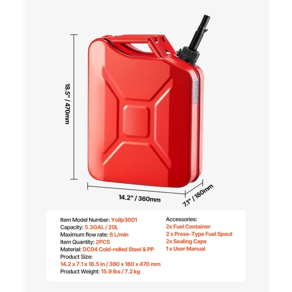 Newly Upgraded Oil-Tight!VEVOR Metal Fuel Container, 5.3 Gallon, Fuel Jerry Can with Spout and Comfort Handle, 6 L/min Max Flow Rate, Leakproof & Corrosion-resistant Metal Gas Tank Most Cars Motorcycle ATV UTV, Red, 2 Packs