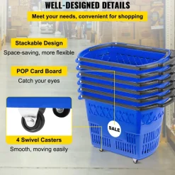 Shopping Basket with Handle on Castors- Blue Pack of 6