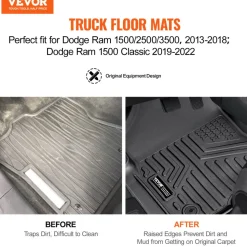 SKYSHALO Truck Floor Liners, Fits Dodge Ram 1500/2500/3500 & 1500 Classic 2013-2018/2019-2022(Crew Cab Only), Include 3 Front & Second Row Mats, Weather-Resistant TPE Custom Fit Mats for Pickup, Black
