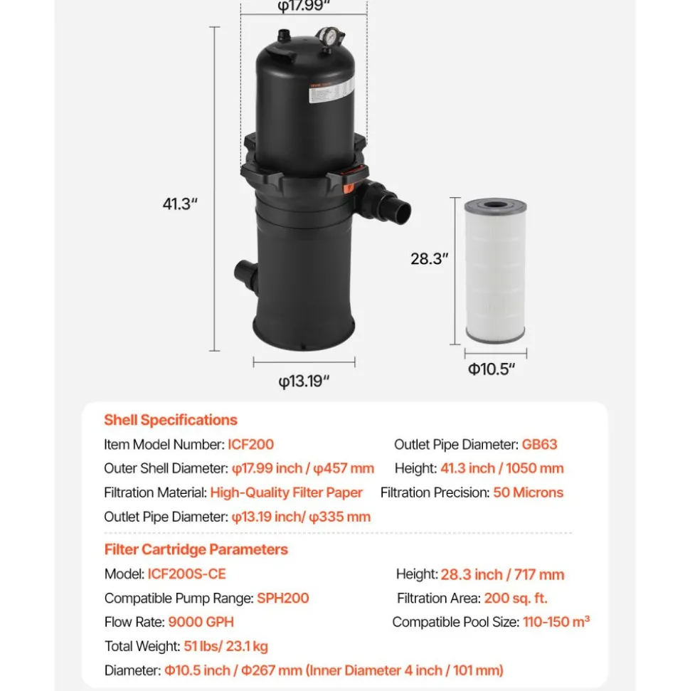 200 sq.ft² Cartridge Pool Filter Valve 9000 GPH Swimming Pool Filtration System