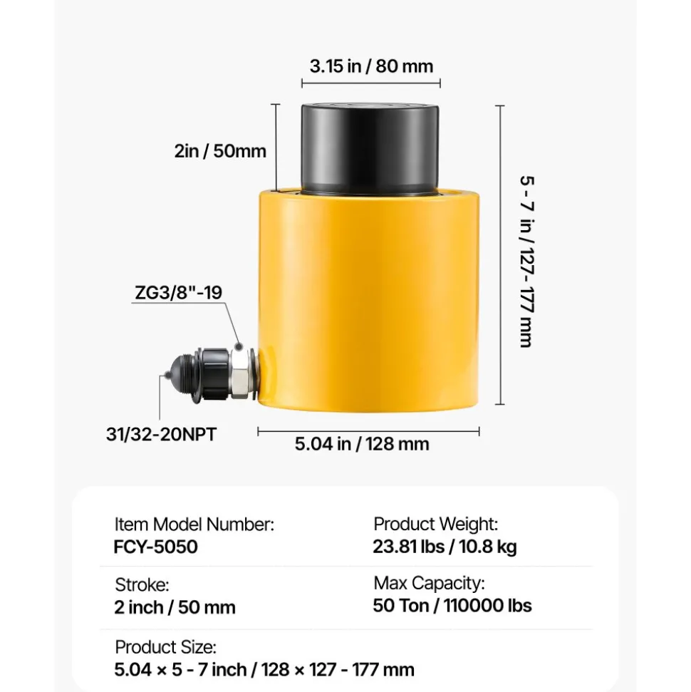 50T 2" Stroke Single Acting Hydraulic Cylinder Jack Ram