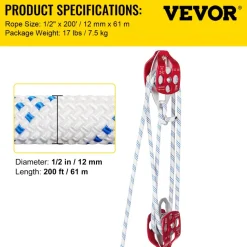 Twin Sheave Block and Tackle 0.43-0.5Inch 100-200Ft Twin Sheave Block with Braid Rope 30-35KN 6600-7705LBS Double Pulley Rigging (1/2" x 200')