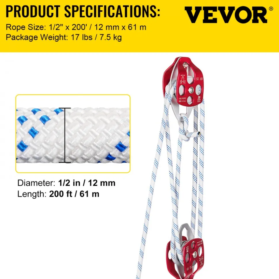 Twin Sheave Block and Tackle 0.43-0.5Inch 100-200Ft Twin Sheave Block with Braid Rope 30-35KN 6600-7705LBS Double Pulley Rigging (1/2" x 200')