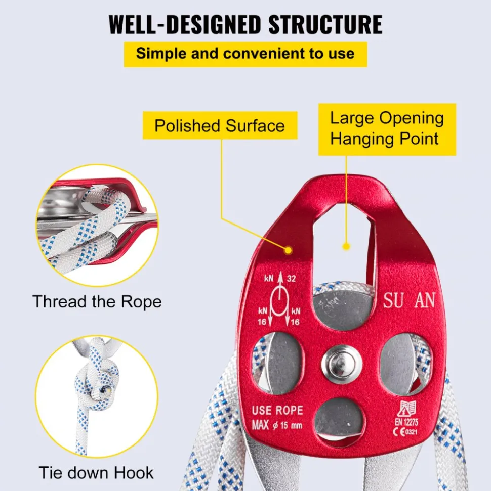 Twin Sheave Block and Tackle 0.43-0.5Inch 100-200Ft Twin Sheave Block with Braid Rope 30-35KN 6600-7705LBS Double Pulley Rigging (1/2" x 200')