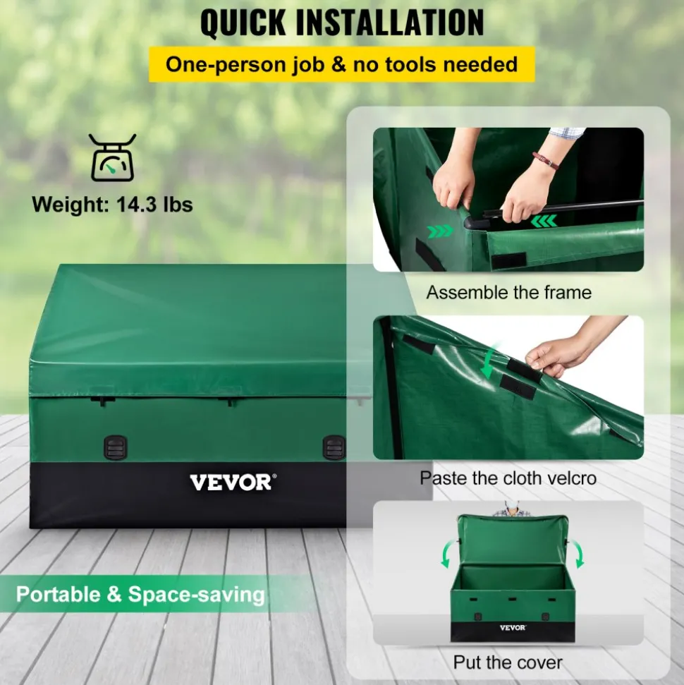 VEOVR Outdoor Storage Box, 150 Gallon Waterproof PE Tarpaulin Deck Box with Galvanized Frame, All-Weather Protection & Portable, for Camping, Garden, Poolside, and Yard, Brown & Blue