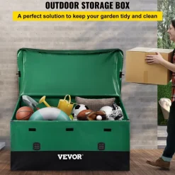 VEOVR Outdoor Storage Box, 150 Gallon Waterproof PE Tarpaulin Deck Box with Galvanized Frame, All-Weather Protection & Portable, for Camping, Garden, Poolside, and Yard, Brown & Blue