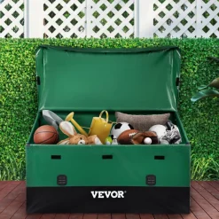 VEOVR Outdoor Storage Box, 150 Gallon Waterproof PE Tarpaulin Deck Box with Galvanized Frame, All-Weather Protection & Portable, for Camping, Garden, Poolside, and Yard, Brown & Blue