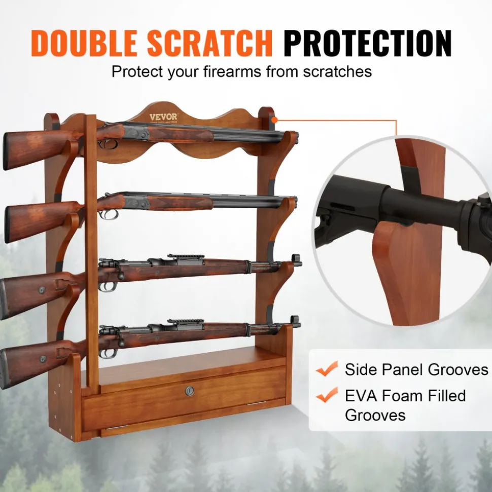 VEVOE Gun Rack, Wood Gun Rack Wall Mount, Gun Display Rack holds 4 Rifles, Shotguns, 132 lb Heavy Duty Wall Storage Display Rifle Rack with Soft Padding
