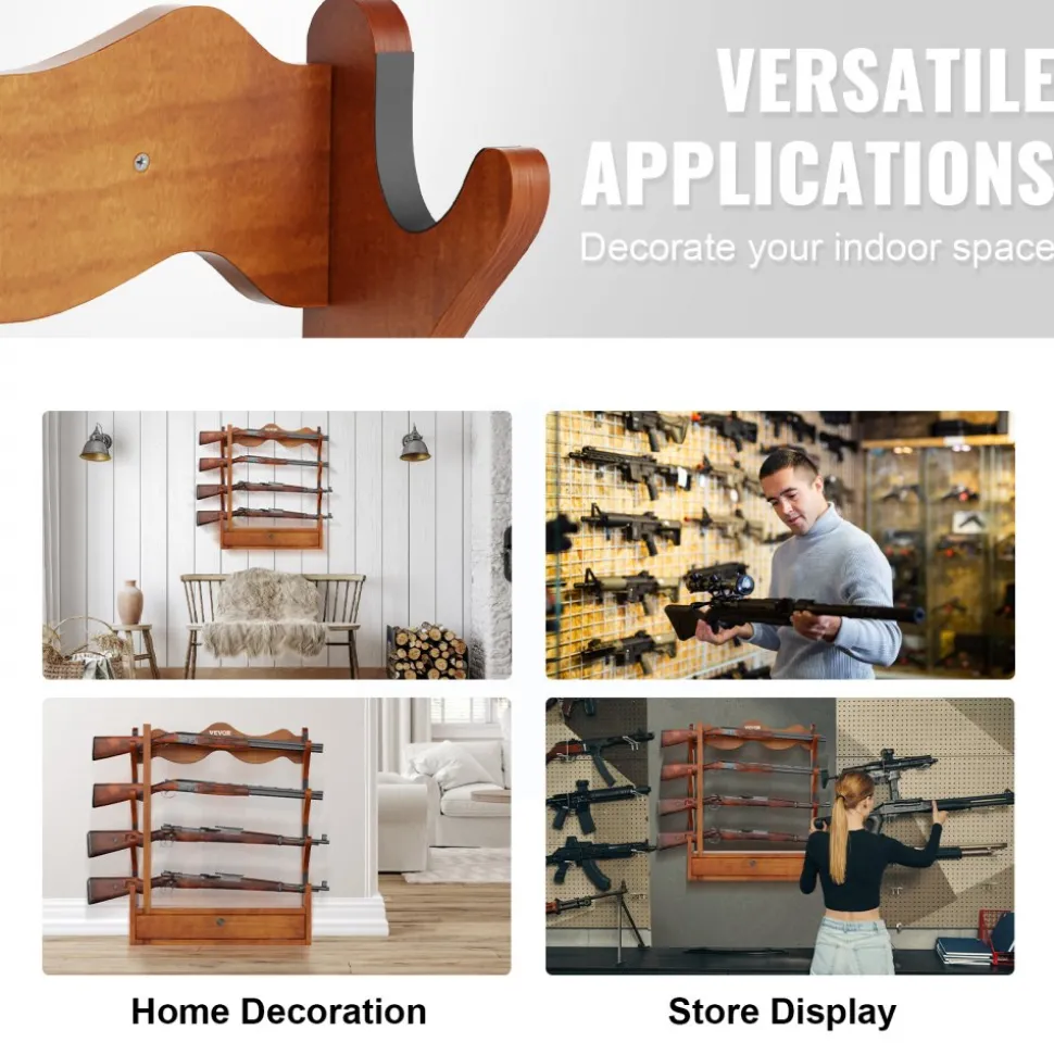 VEVOE Gun Rack, Wood Gun Rack Wall Mount, Gun Display Rack holds 4 Rifles, Shotguns, 132 lb Heavy Duty Wall Storage Display Rifle Rack with Soft Padding