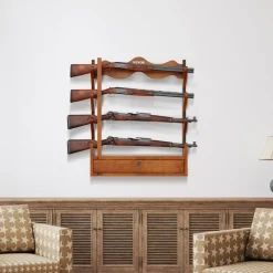 VEVOE Gun Rack, Wood Gun Rack Wall Mount, Gun Display Rack holds 4 Rifles, Shotguns, 132 lb Heavy Duty Wall Storage Display Rifle Rack with Soft Padding