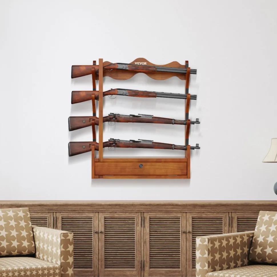 VEVOE Gun Rack, Wood Gun Rack Wall Mount, Gun Display Rack holds 4 Rifles, Shotguns, 132 lb Heavy Duty Wall Storage Display Rifle Rack with Soft Padding