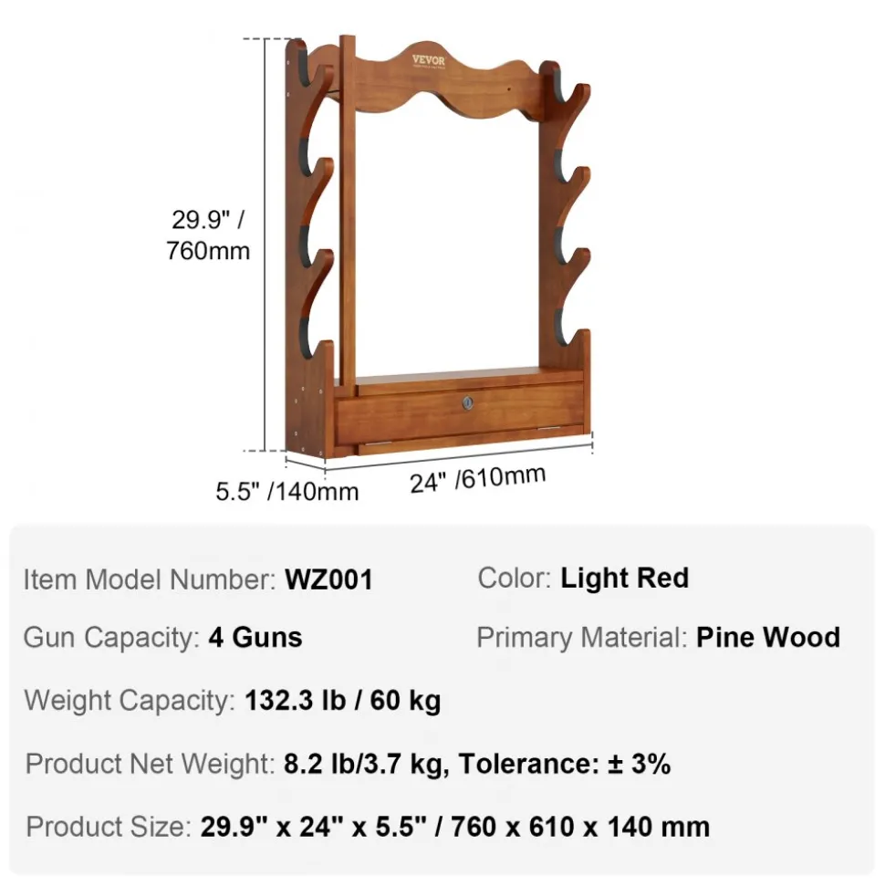 VEVOE Gun Rack, Wood Gun Rack Wall Mount, Gun Display Rack holds 4 Rifles, Shotguns, 132 lb Heavy Duty Wall Storage Display Rifle Rack with Soft Padding