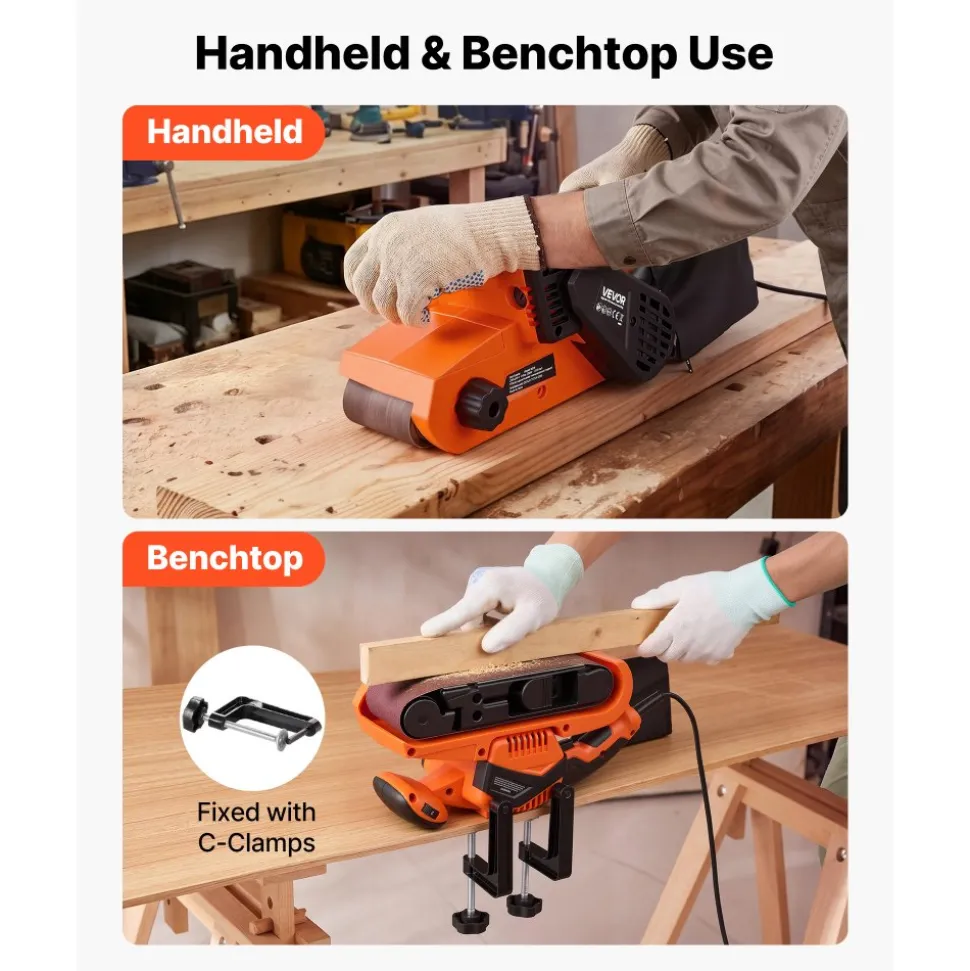 VEVOR 7A Belt Sander 3" x 21" Woodworking Belt Sander 6 Speeds 630-1200 FPM, 2-in-1 Handheld & Benchtop Sanding Machine with 2 Dust Bags, 10PCS Sanding Belts & 2 Clamps for Woodworking Projects