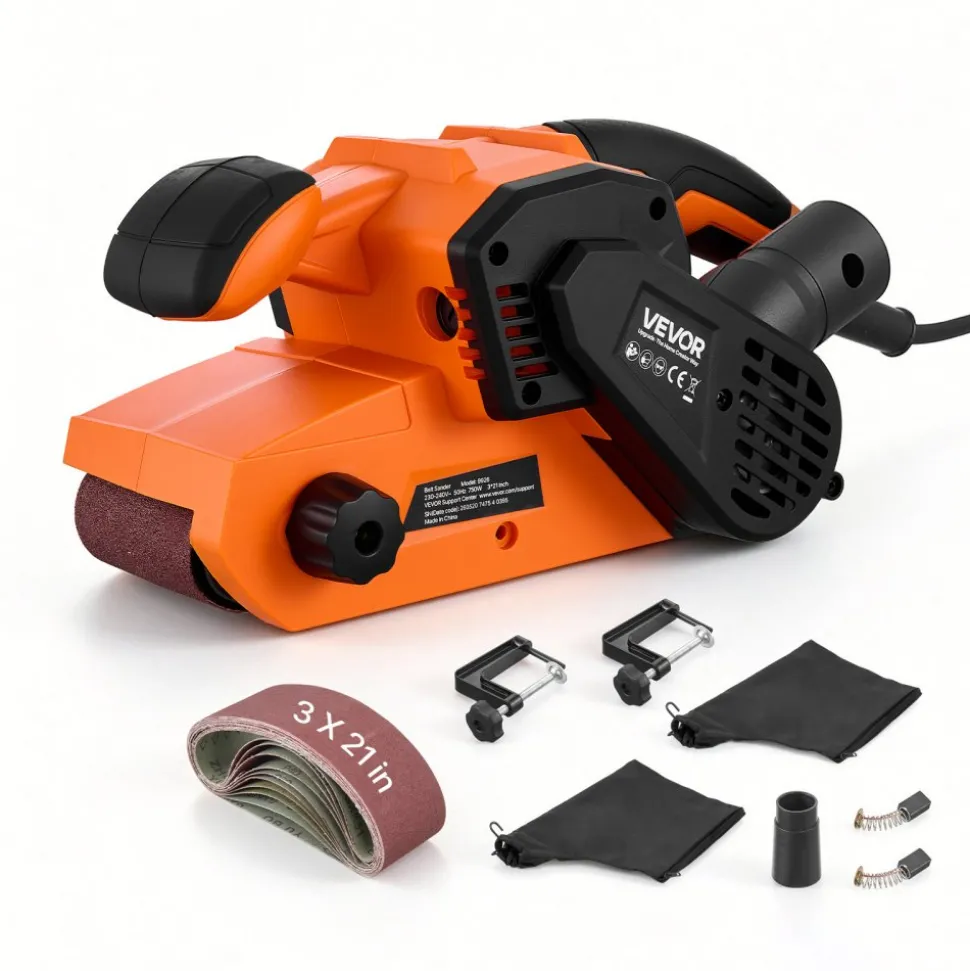 VEVOR 7A Belt Sander 3" x 21" Woodworking Belt Sander 6 Speeds 630-1200 FPM, 2-in-1 Handheld & Benchtop Sanding Machine with 2 Dust Bags, 10PCS Sanding Belts & 2 Clamps for Woodworking Projects