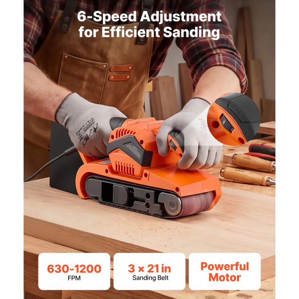 VEVOR 7A Belt Sander 3" x 21" Woodworking Belt Sander 6 Speeds 630-1200 FPM, 2-in-1 Handheld & Benchtop Sanding Machine with 2 Dust Bags, 10PCS Sanding Belts & 2 Clamps for Woodworking Projects