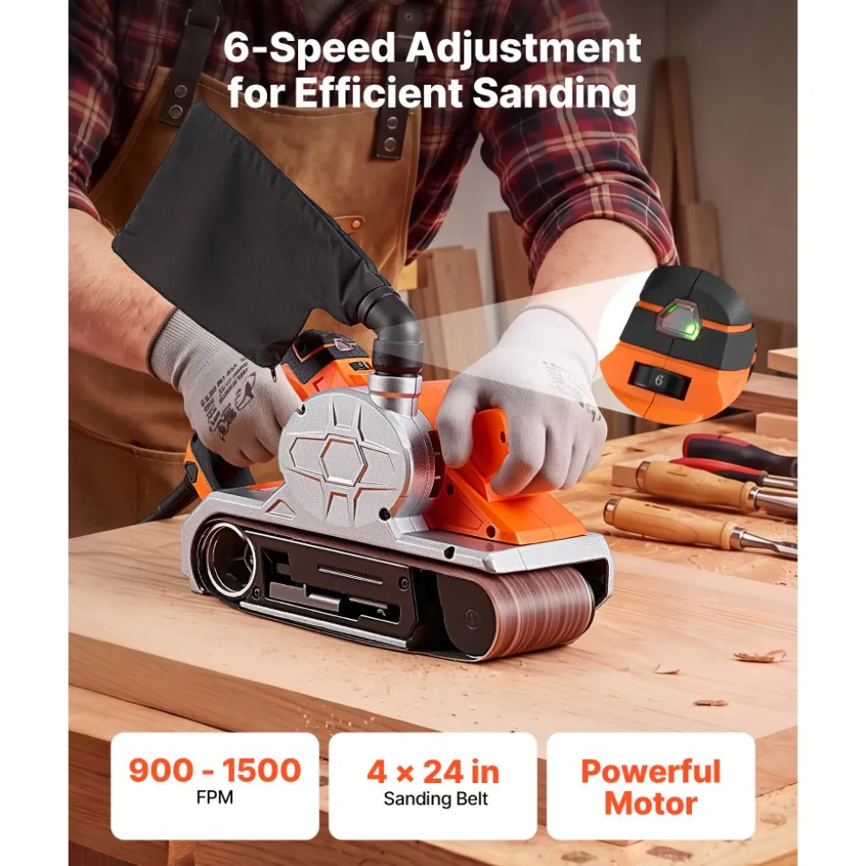 VEVOR 11.5A Belt Sander 4" x 24" Woodworking Belt Sander 6 Variable Speeds, 900-1550 FPM Sanding Machine with 10PCS Sanding Belts, 2 Dust Bags & 2-in-1 Vacuum Adapter for Woodworking Projects