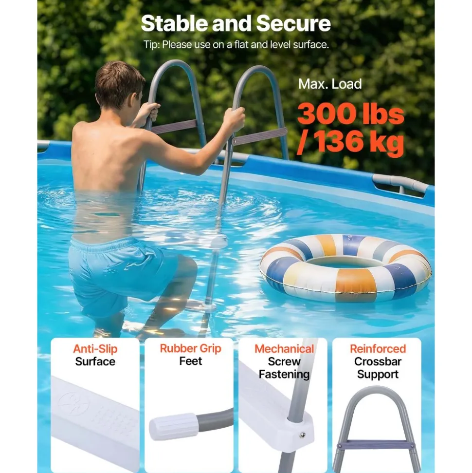 VEVOR Above Ground Pool Ladder, 3-Step Steel A-Frame Swimming Pool Stairs for 42 in High Wall, 300 lbs Capacity Entry/Exit Steps with Secure Non-Slip Sturdy Wide Step, Easy Setup, Gray & White