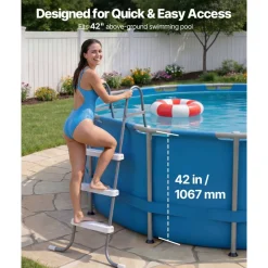 VEVOR Above Ground Pool Ladder, 3-Step Steel A-Frame Swimming Pool Stairs for 42 in High Wall, 300 lbs Capacity Entry/Exit Steps with Secure Non-Slip Sturdy Wide Step, Easy Setup, Gray & White