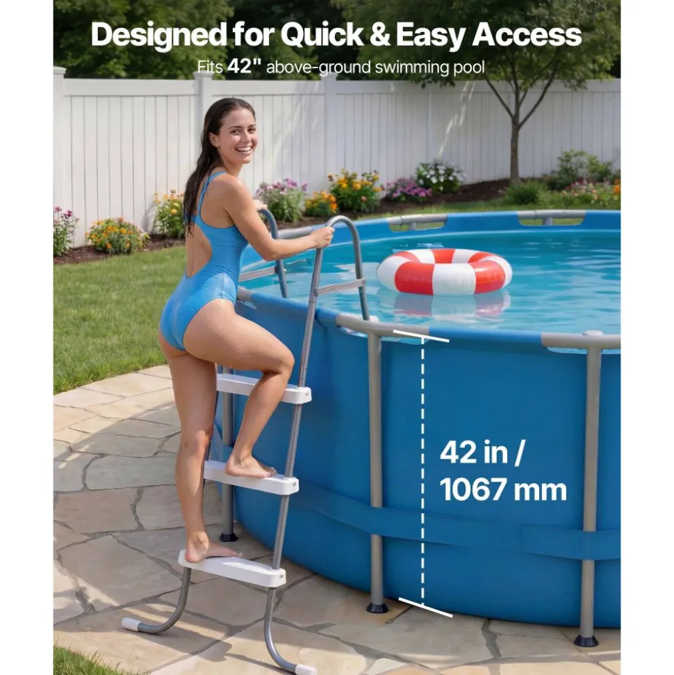 VEVOR Above Ground Pool Ladder, 3-Step Steel A-Frame Swimming Pool Stairs for 42 in High Wall, 300 lbs Capacity Entry/Exit Steps with Secure Non-Slip Sturdy Wide Step, Easy Setup, Gray & White