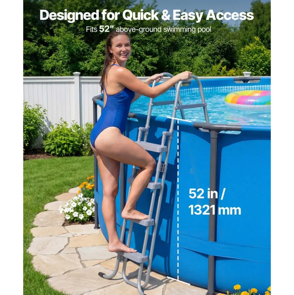 VEVOR Above Ground Pool Ladder, 4-Step Steel A-Frame Swimming Pool Stairs for 52 in High Wall, 300 lbs Capacity Entry/Exit Steps with Secure Non-Slip Sturdy Wide Step, Easy Setup Outdoor, Gray