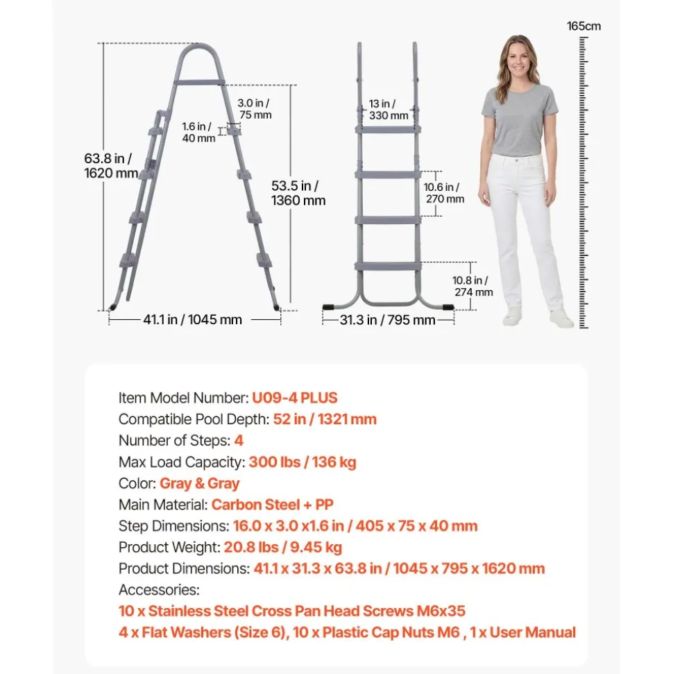 VEVOR Above Ground Pool Ladder, 4-Step Steel A-Frame Swimming Pool Stairs for 52 in High Wall, 300 lbs Capacity Entry/Exit Steps with Secure Non-Slip Sturdy Wide Step, Easy Setup Outdoor, Gray