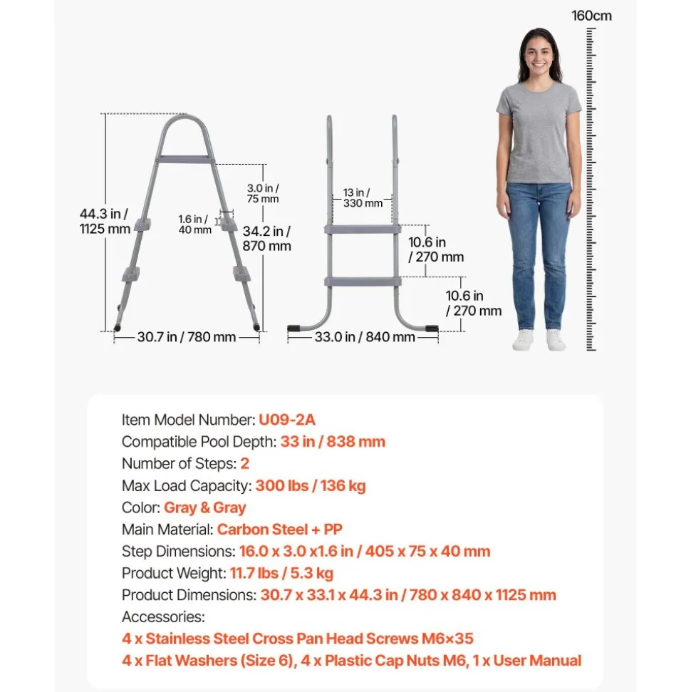 VEVOR Above Ground Pool Ladder, 2-Step Steel A-Frame Swimming Pool Stairs for 33 in High Wall, 300 lbs Capacity Entry/Exit Steps with Secure Non-Slip Sturdy Wide Step, Easy Setup Outdoor, Gray