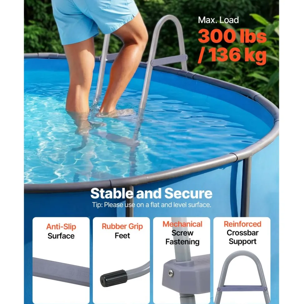VEVOR Above Ground Pool Ladder, 2-Step Steel A-Frame Swimming Pool Stairs for 33 in High Wall, 300 lbs Capacity Entry/Exit Steps with Secure Non-Slip Sturdy Wide Step, Easy Setup Outdoor, Gray