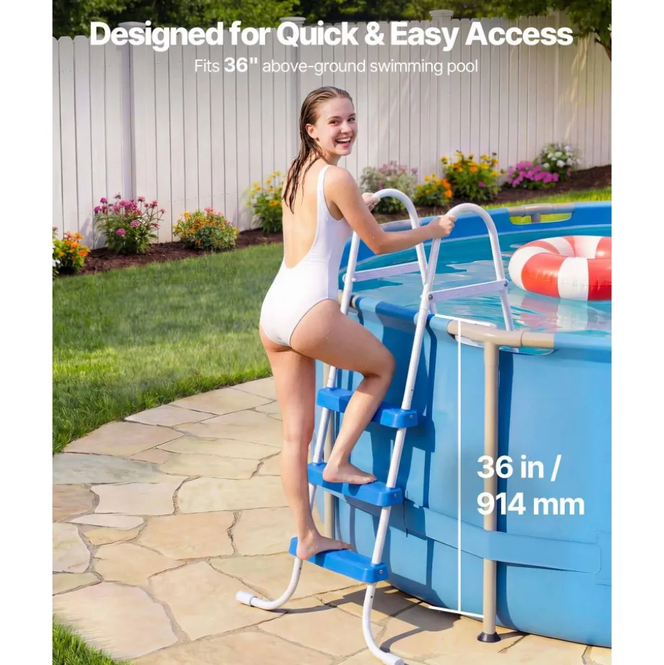 VEVOR Above Ground Pool Ladder, 3-Step Steel A-Frame Swimming Pool Stairs for 36 in High Wall, 300 lbs Capacity Entry/Exit Steps with Secure Non-Slip Sturdy Wide Step, Easy Setup, White & Blue
