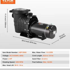 VEVOR Above Ground Pool Pump, 2 HP, 110 GPM Max Flow Single Speed Swimming Pool Pump, 110V/240V 3450 RPM 59 ft Max Head Pool Pump with Filter Basket, for Above Ground Pools Hot Tubs Spas